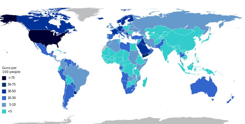 Civilian guns per capita by county globally